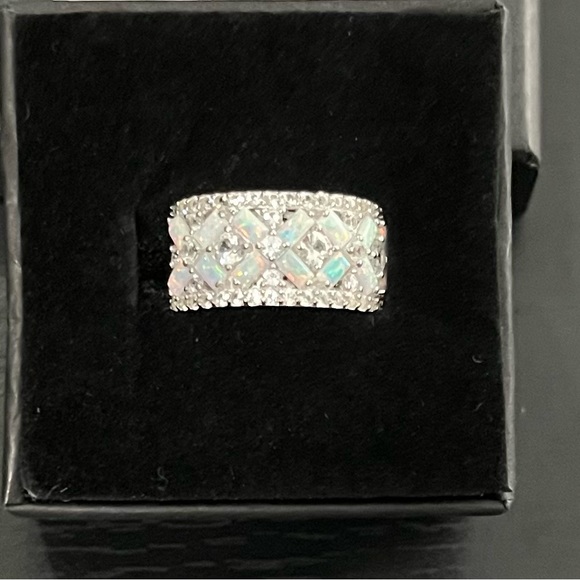 Sterling silver lab created opal and white sapphire X ring - Picture 3 of 6